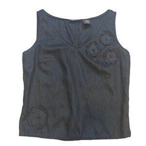 Y2K Willi Smith Black Sleeveless Linen Top With Floral Embroidery XS